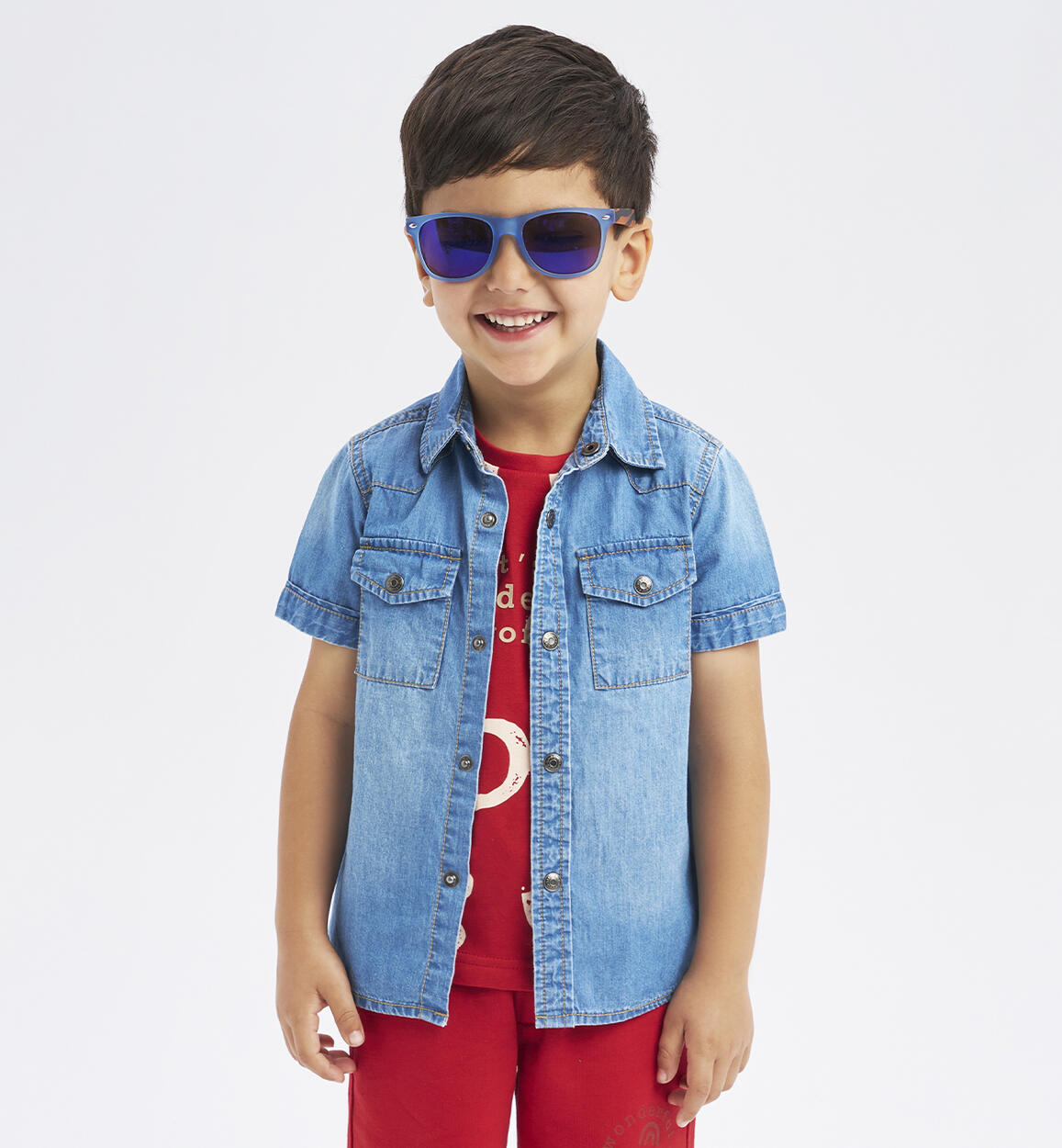 Boys' short-sleeved denim shirt BLUE iDO