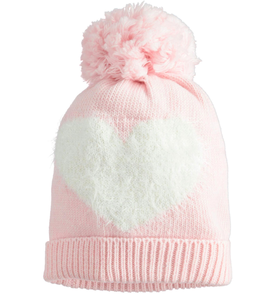 Cappello modello cuffia con cuore e pompon per neonata ROSA iDO