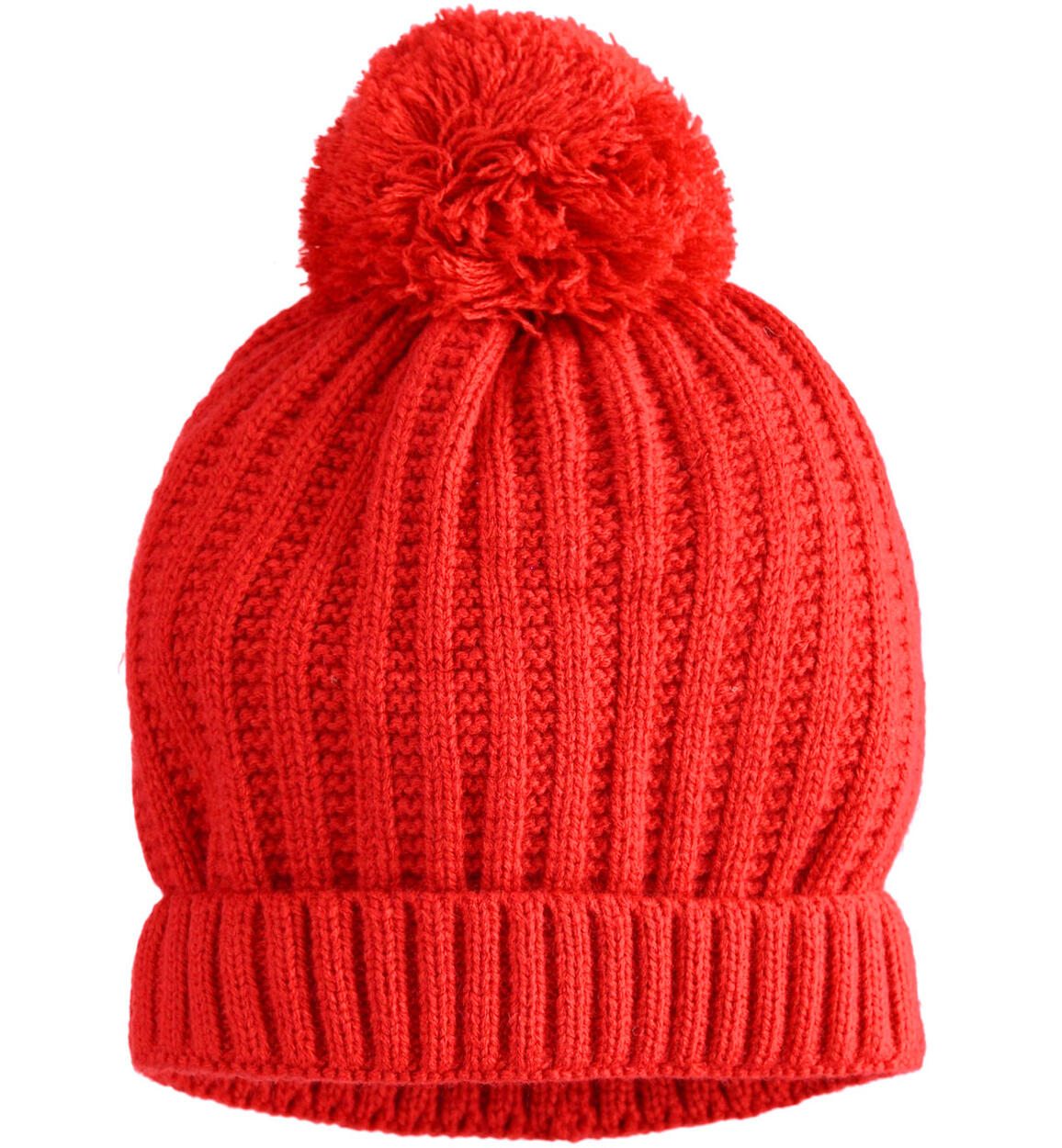 Cappello modello cuffia in tricot con pompon ROSSO iDO