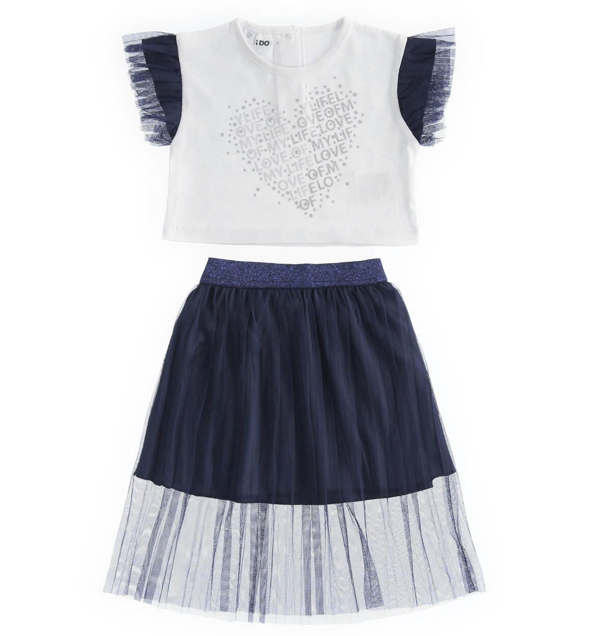 Completo bambina t-shirt con strass e gonna in tulle plissé BLU iDO