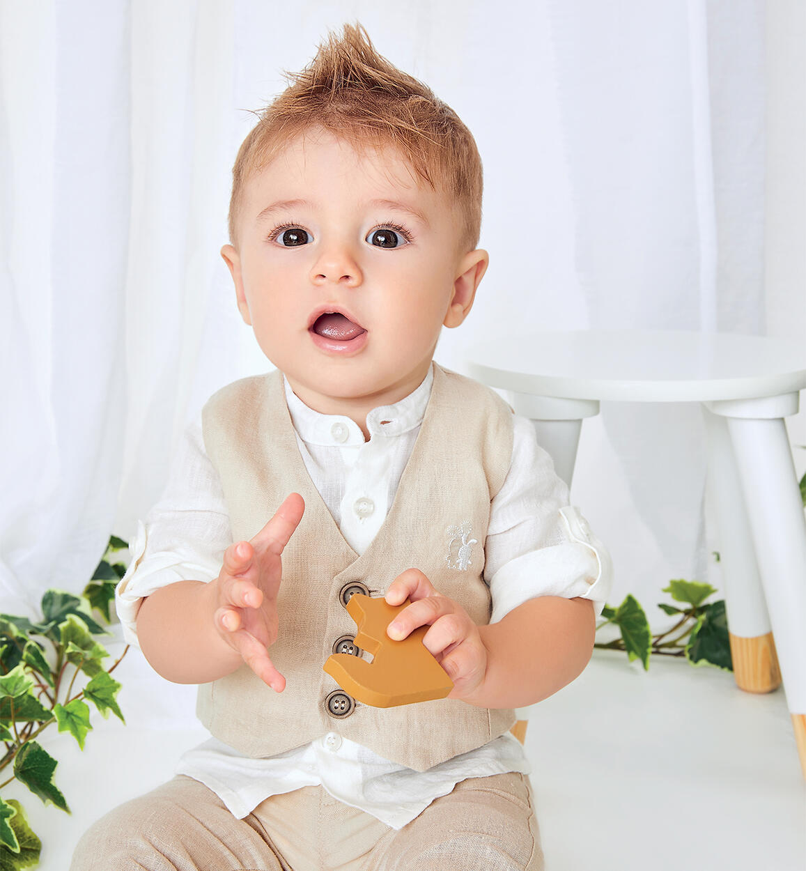 Elegant iDO linen baby boy outfit from 1 to 24 months BEIGE iDO