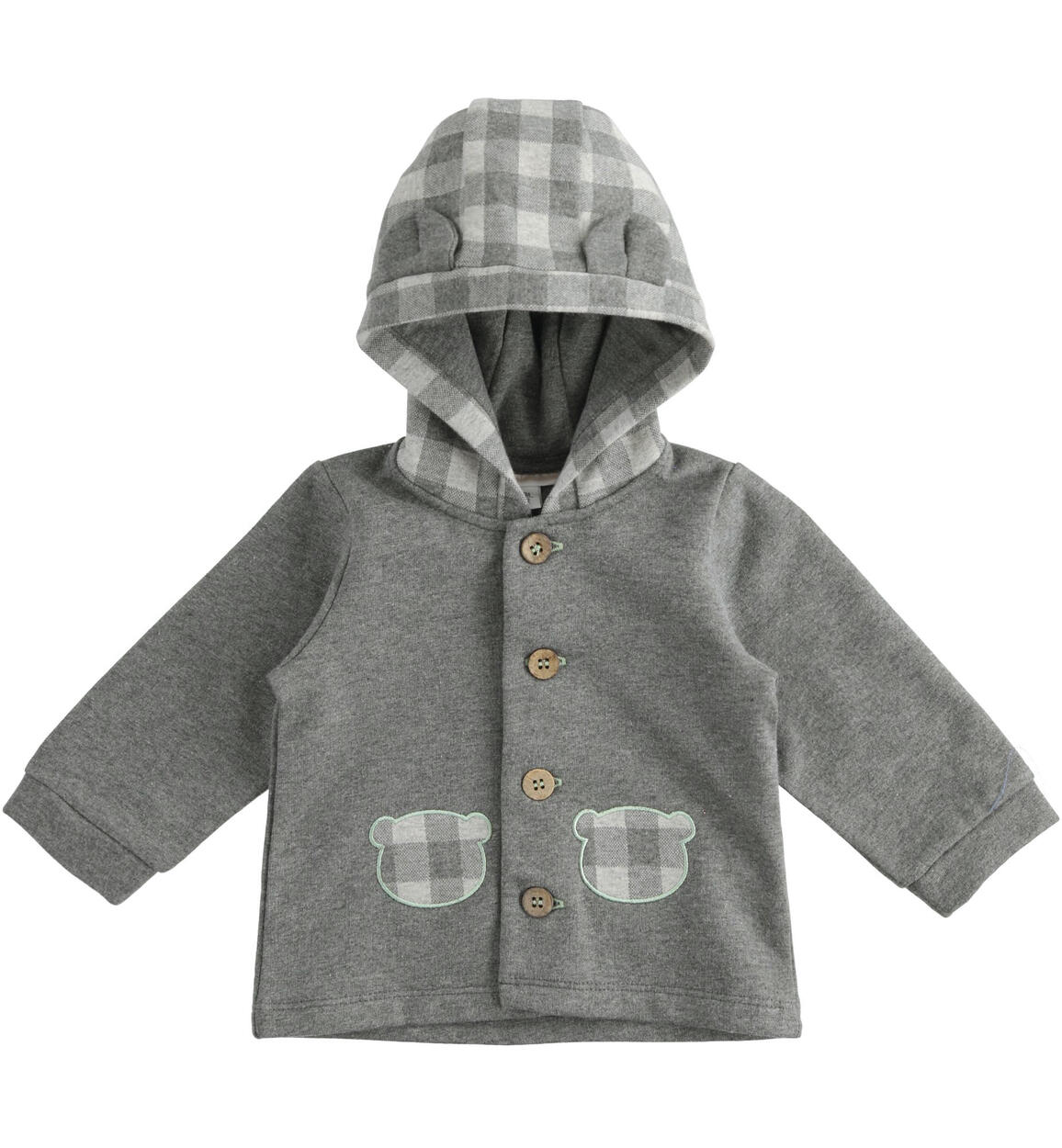 Felpa aperta 100% cotone organico con cappuccio check GRIGIO Minibanda