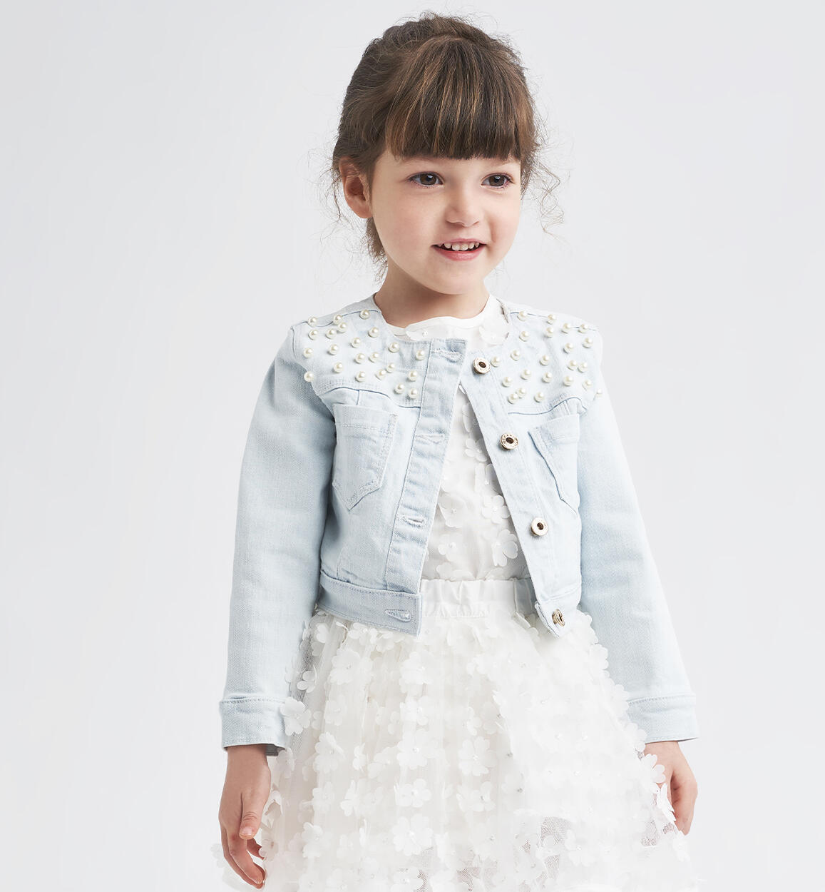 Girls' denim jacket with pearls  BLUE iDO