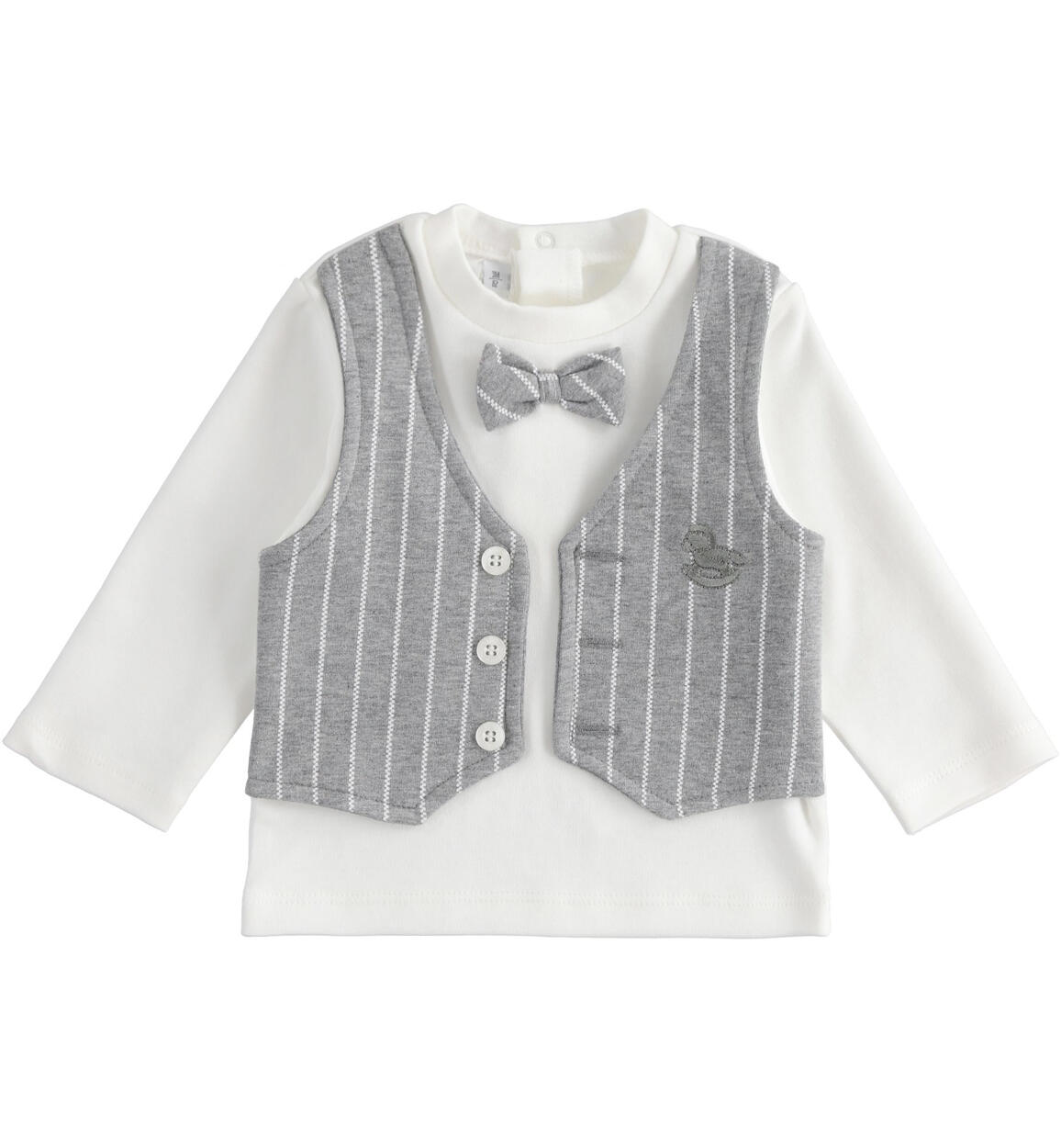 Maglietta girocollo 100% cotone con finto gilet e papillon PANNA iDO