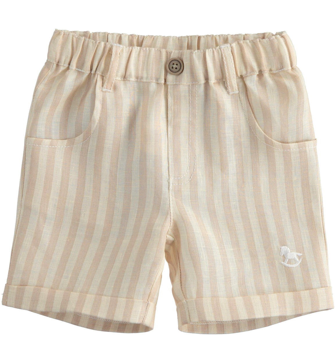 Pantaloni corti neonato fantasia a righe 100% lino BEIGE iDO