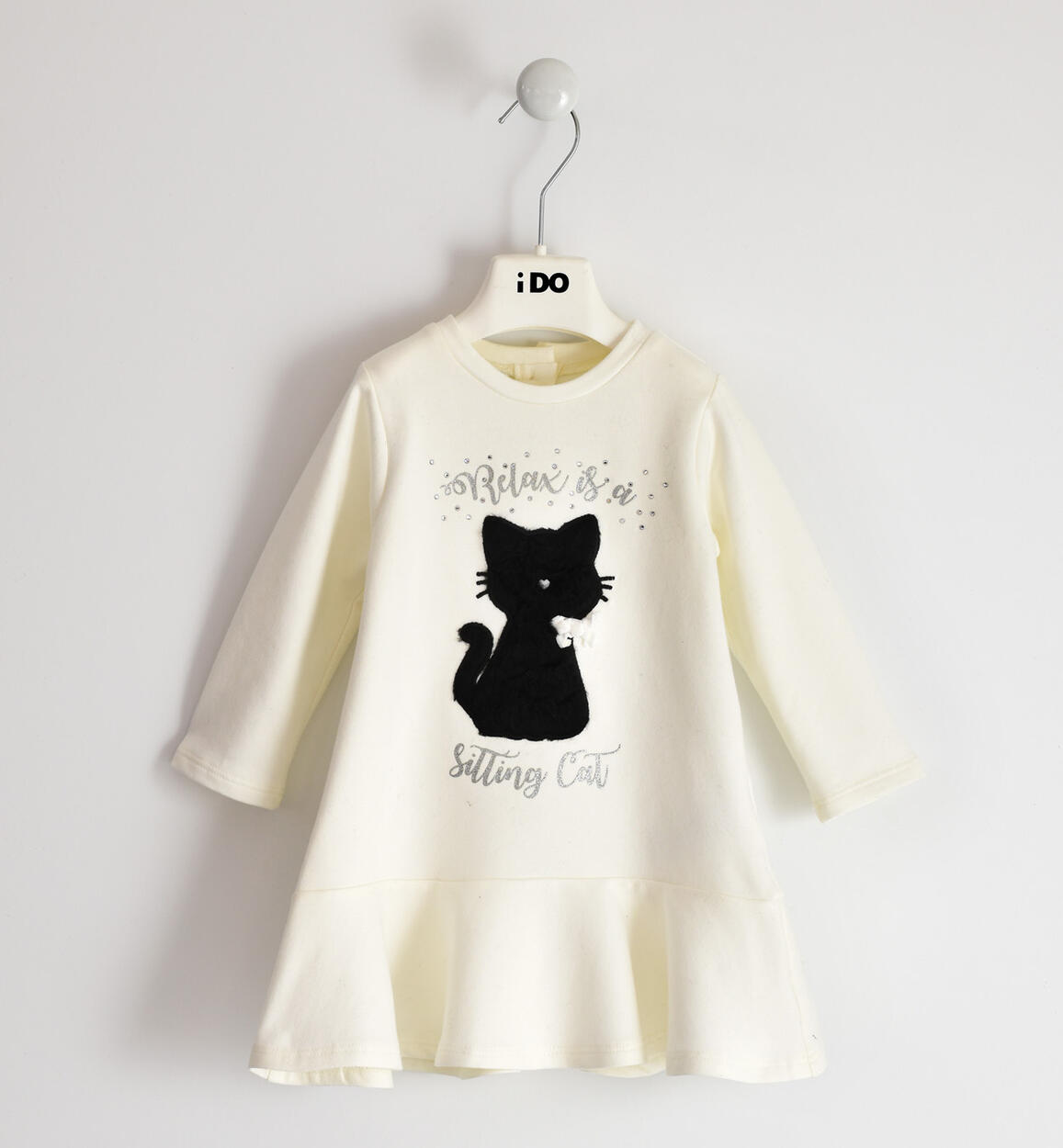 Pratico vestito bambina in felpa stretch di cotone con ricamo gatto PANNA iDO