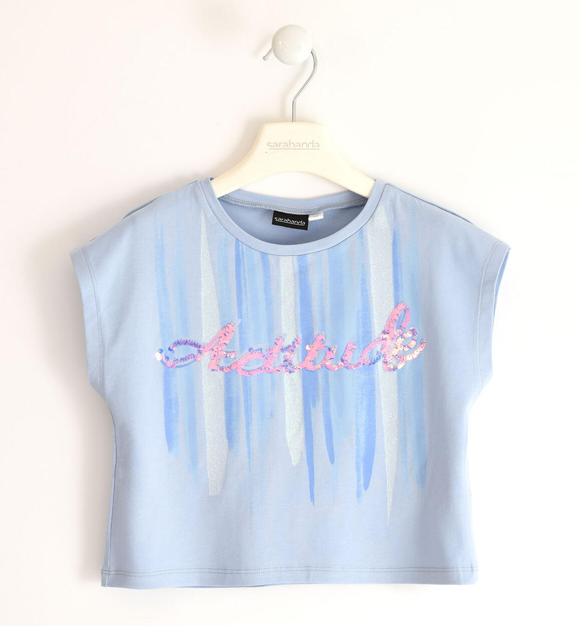 T-shirt per bambina con ricamo di paillettes multicolor AZZURRO Sarabanda